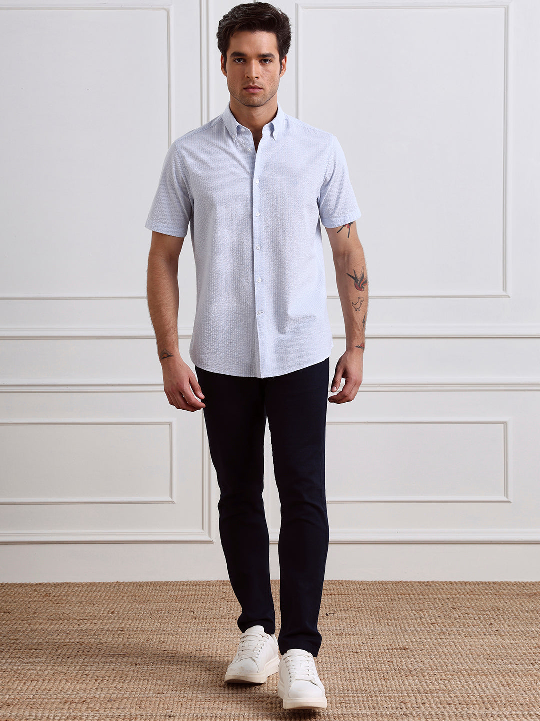 Blue Regular Fit Striped Casual Cotton Blend Shirt for Men (LIANA)