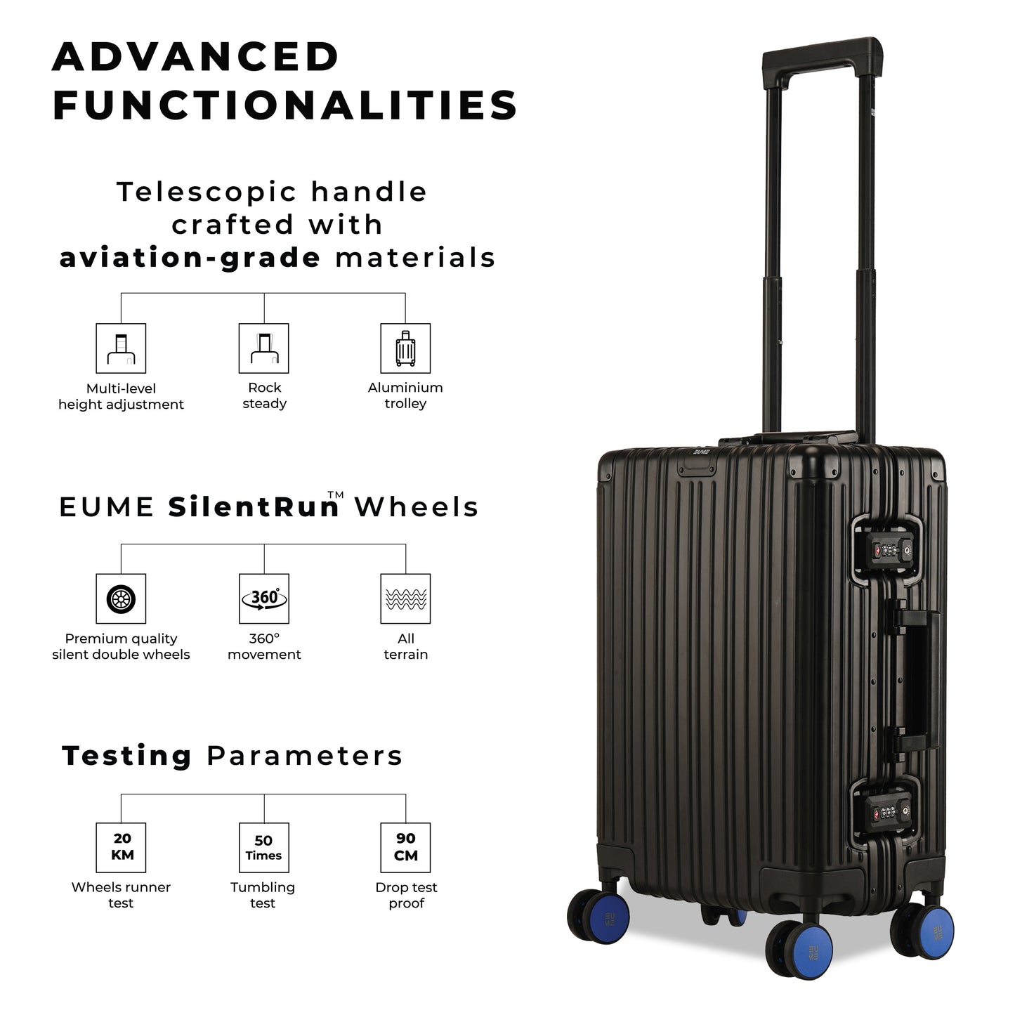 EUME 1 Aluminium Cabin Luggage 50 Cm, Black with Blue Wheel