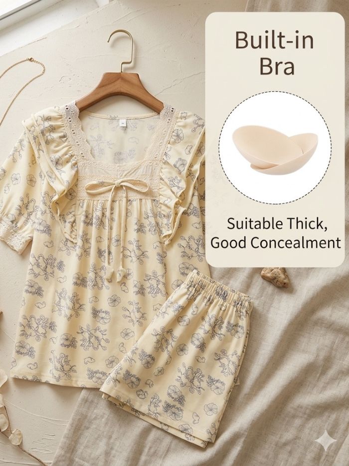 Vintage Bloom Lace Pure Cotton Padded Shorts Set