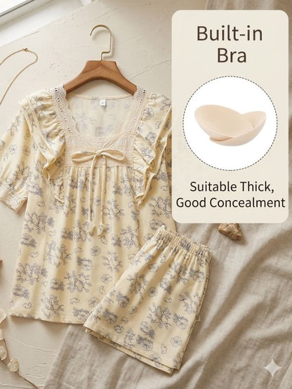 Vintage Bloom Lace Pure Cotton Padded Shorts Set