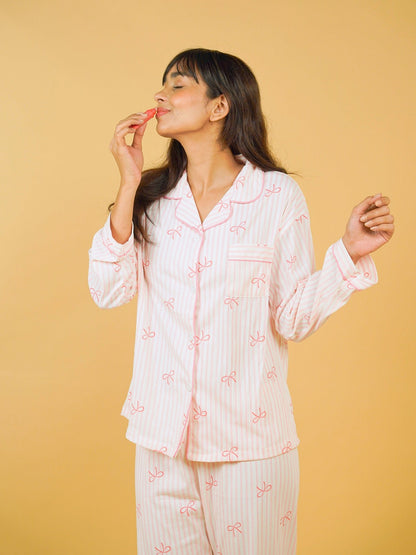 Blush Bow Stripe Nightsuit Set, Victoria