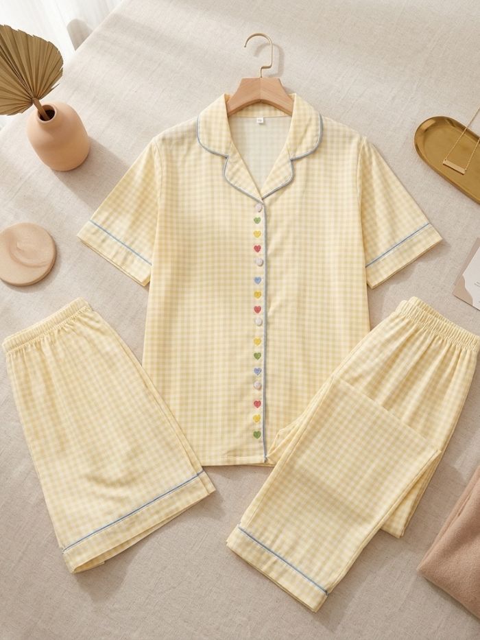 Butterscotch Heart Grid 3 Piece Nightsuit Set