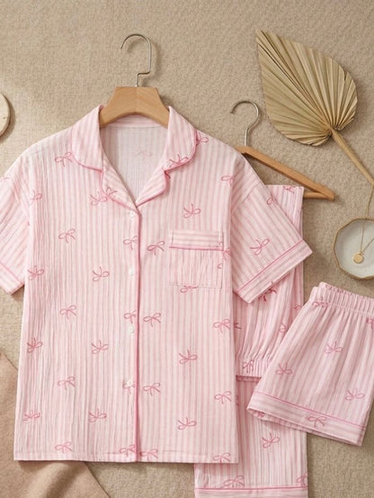Blush Bow Stripe 3 piece Nightsuit Set, Coral