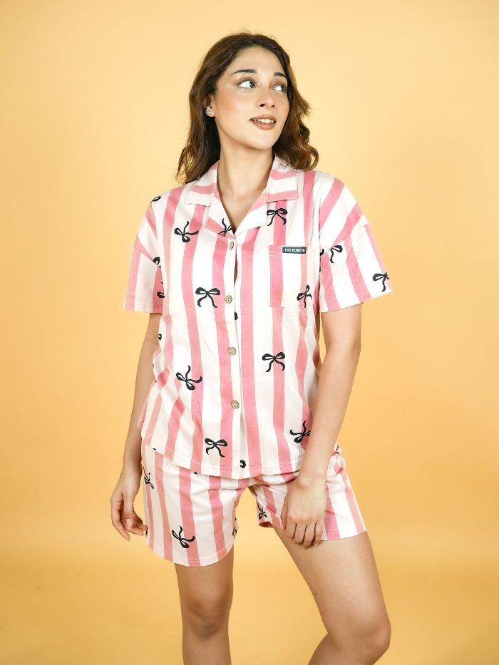 Blush Ribbon Bow Pure Cotton Padded Shorts Set