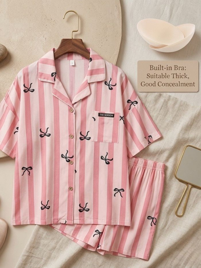 Blush Ribbon Bow Pure Cotton Padded Shorts Set