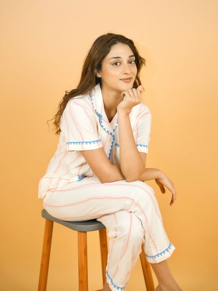 Blue Sky Stripe Trim Nightsuit Set