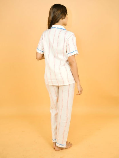 Blue Sky Stripe Trim Nightsuit Set