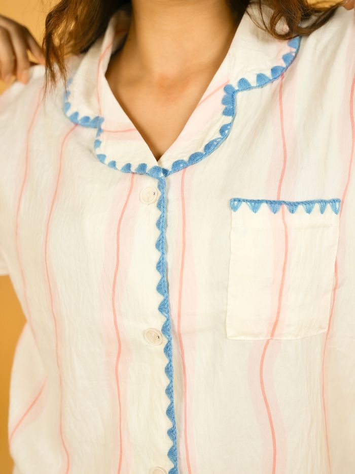 Blue Sky Stripe Trim Nightsuit Set
