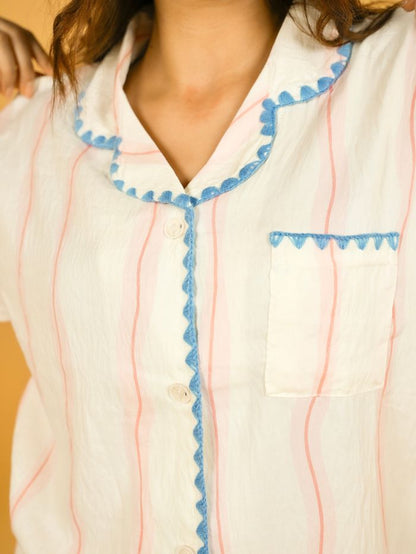 Blue Sky Stripe Trim Nightsuit Set
