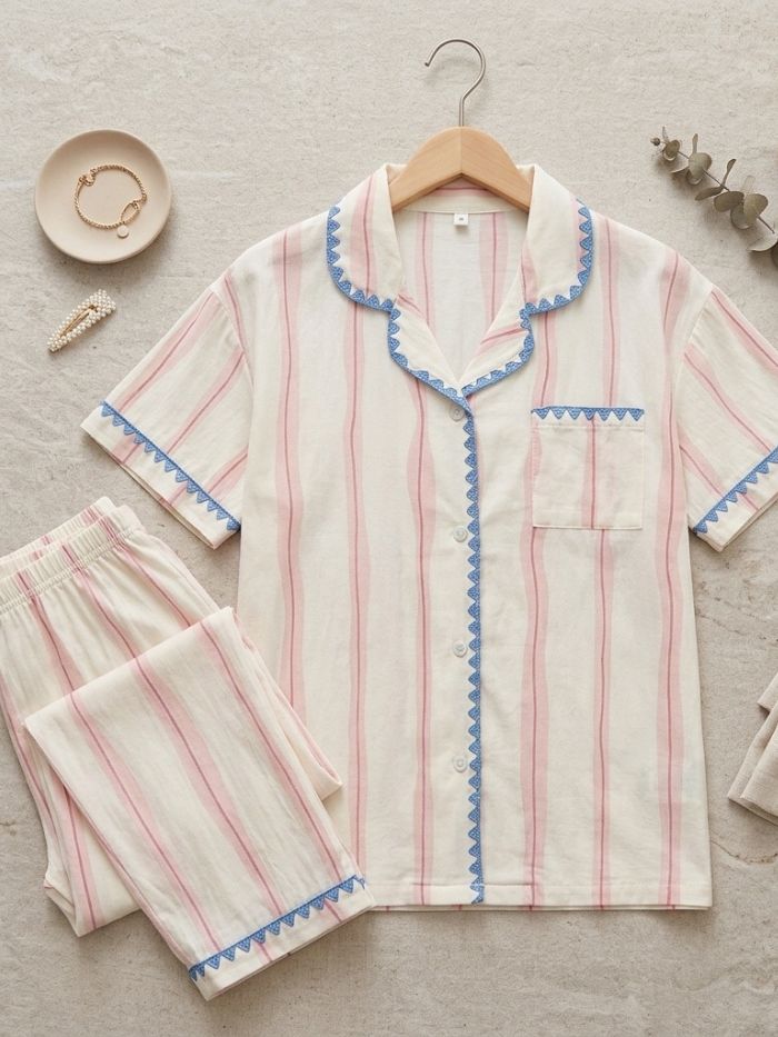Blue Sky Stripe Trim Nightsuit Set