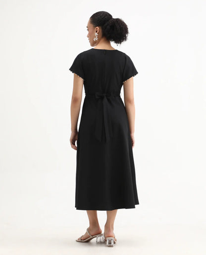 Rareism Women Avim Black V-Neck Zipper Closure Fit And Flare Midi Plain Dress