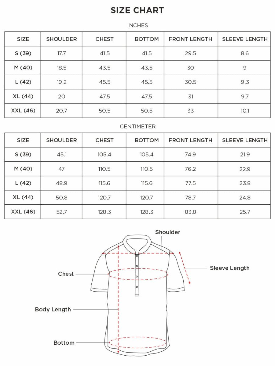 Size Chart for White Solid Pop-Over Mandarin Shirt