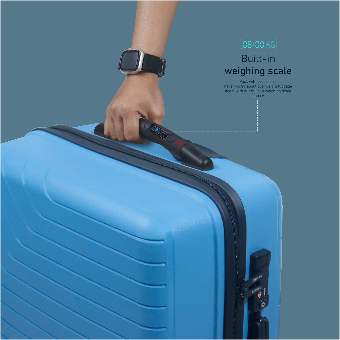 Carriall Groove Polypropylene (55 cm) Blue Smart Cabin Trolley Luggage with inbuilt Weighing Scale