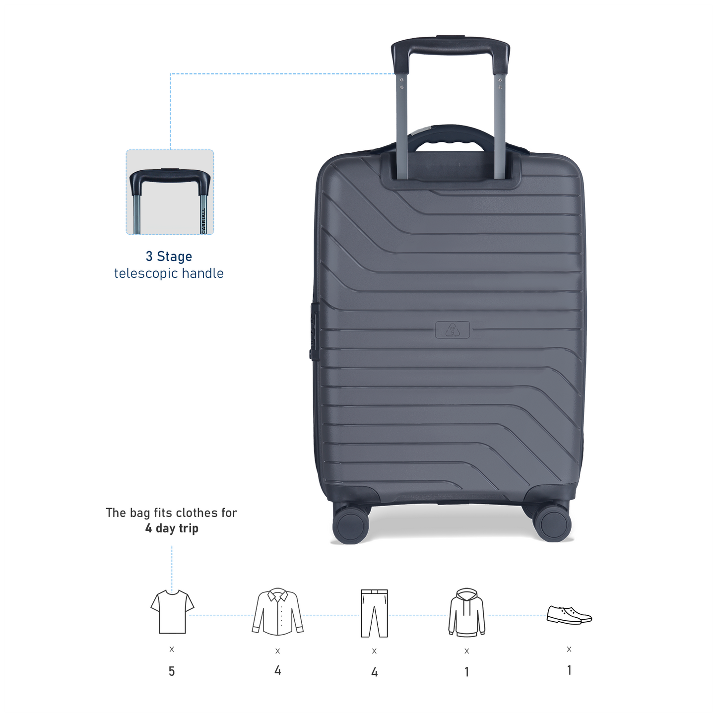 Carriall Groove Polypropylene (55 cm) Grey Smart cabin Luggage with inbuilt Weighing Scale