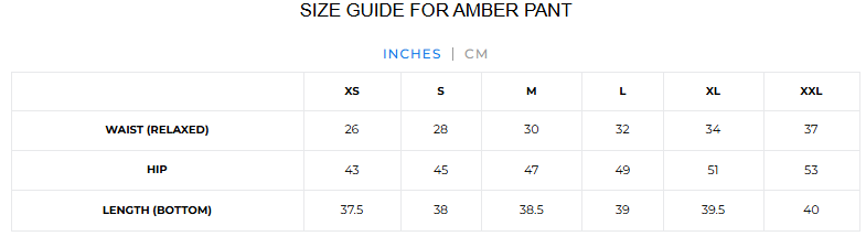Size Chart for Amber Pant