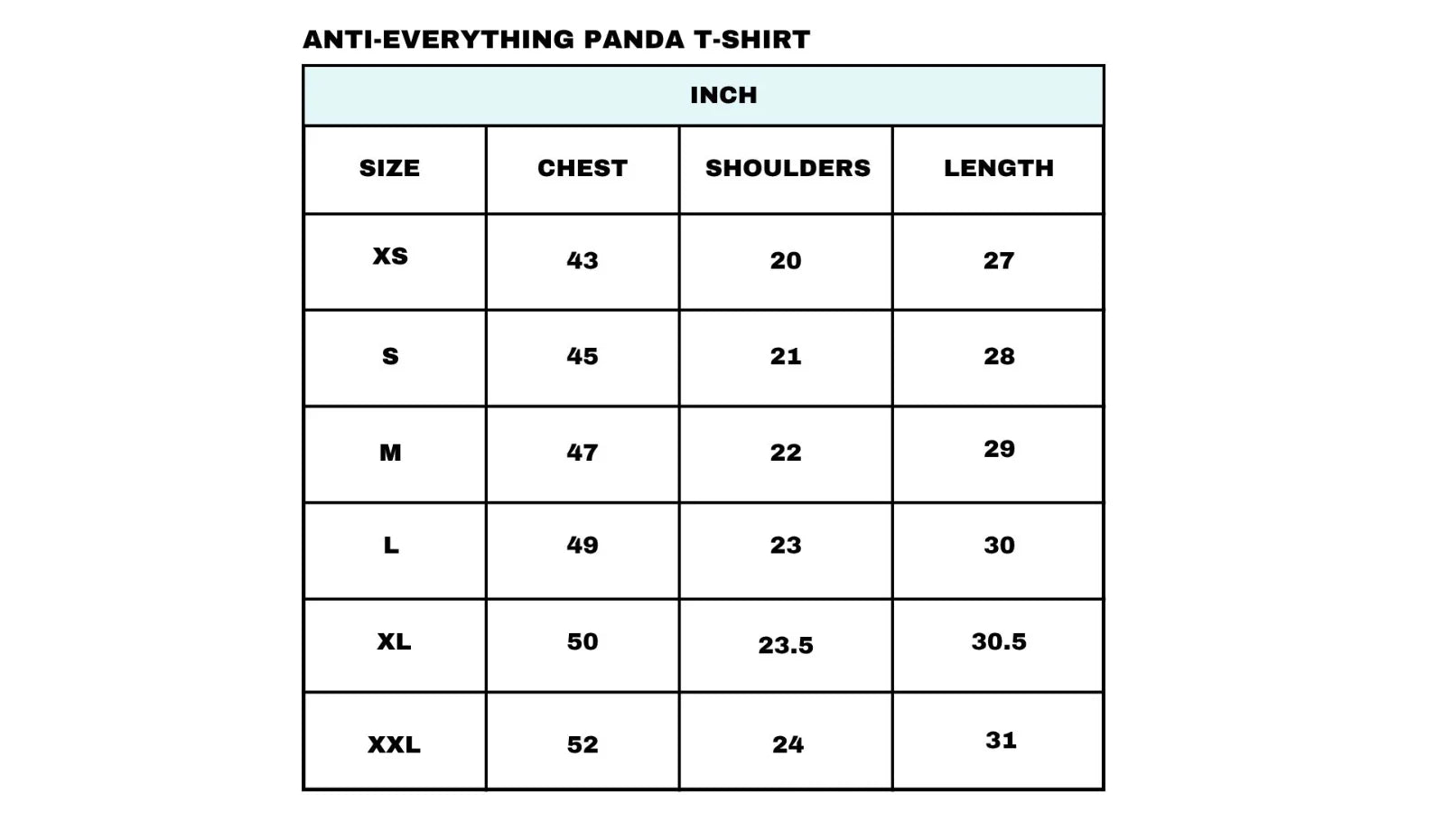 Size Chart for Anti-Everything Panda T-shirt