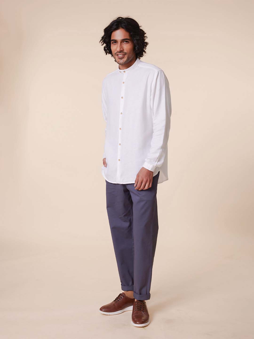 Extended Mandarin Collar White Shirt - Explore