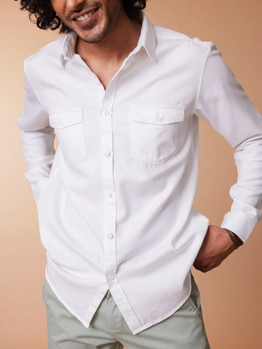 Double Flap Pocket Cotton White Shirt - Zeal