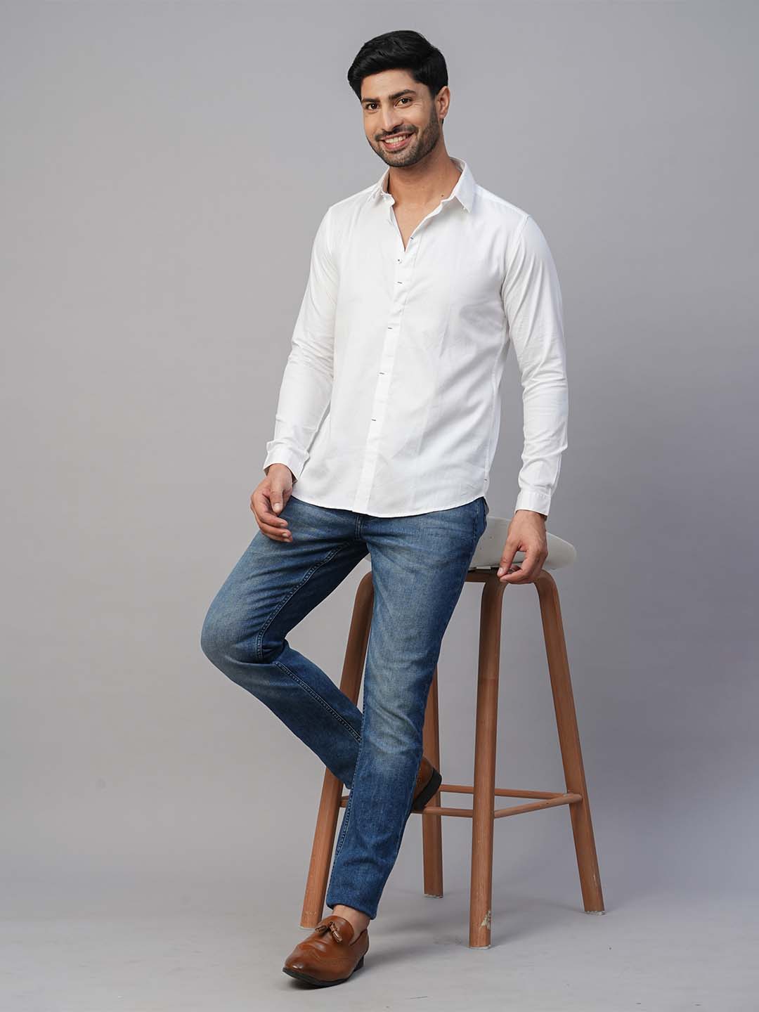 Contrast Bartack Premium Satin White Shirt - Piaro