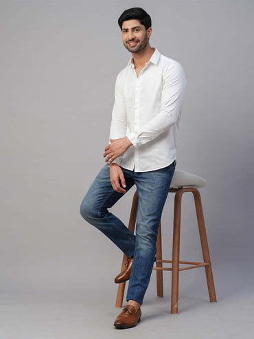 Contrast Bartack Premium Satin White Shirt - Piaro