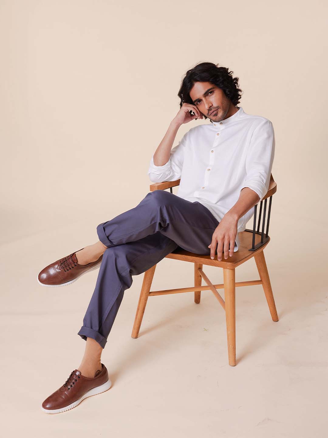 Extended Mandarin Collar White Shirt - Explore