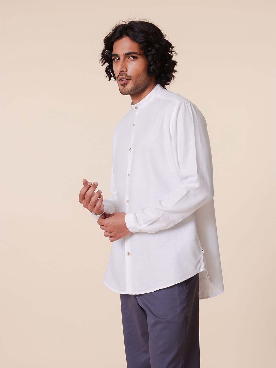 Extended Mandarin Collar White Shirt - Explore