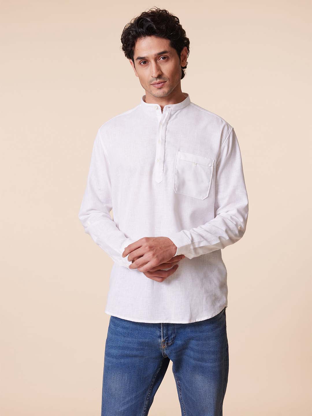 Solid White Mandarin Collar Kurta Shirt | Kingdom Of White at Broadway
