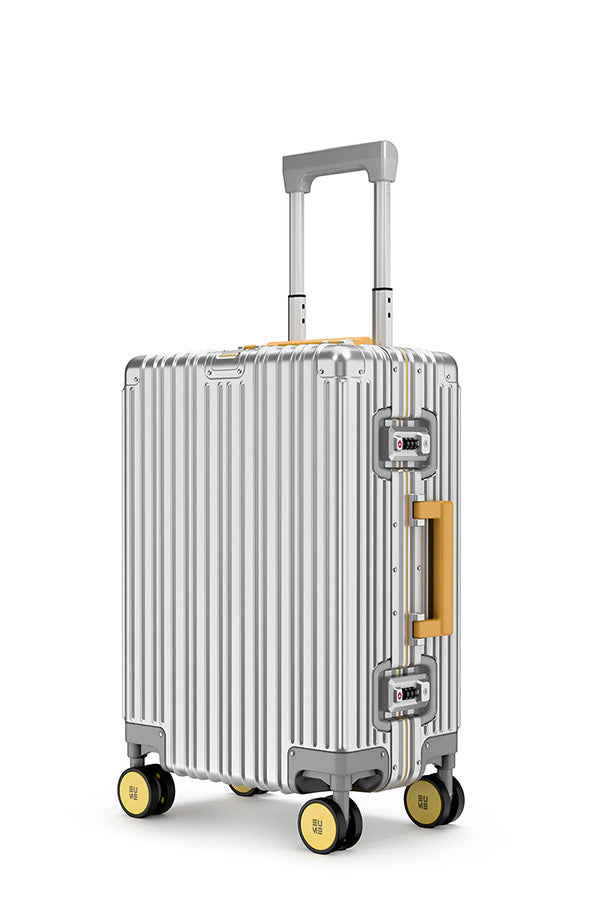 EUME aluminium silver cabin -yellow wheels product image clean studio background