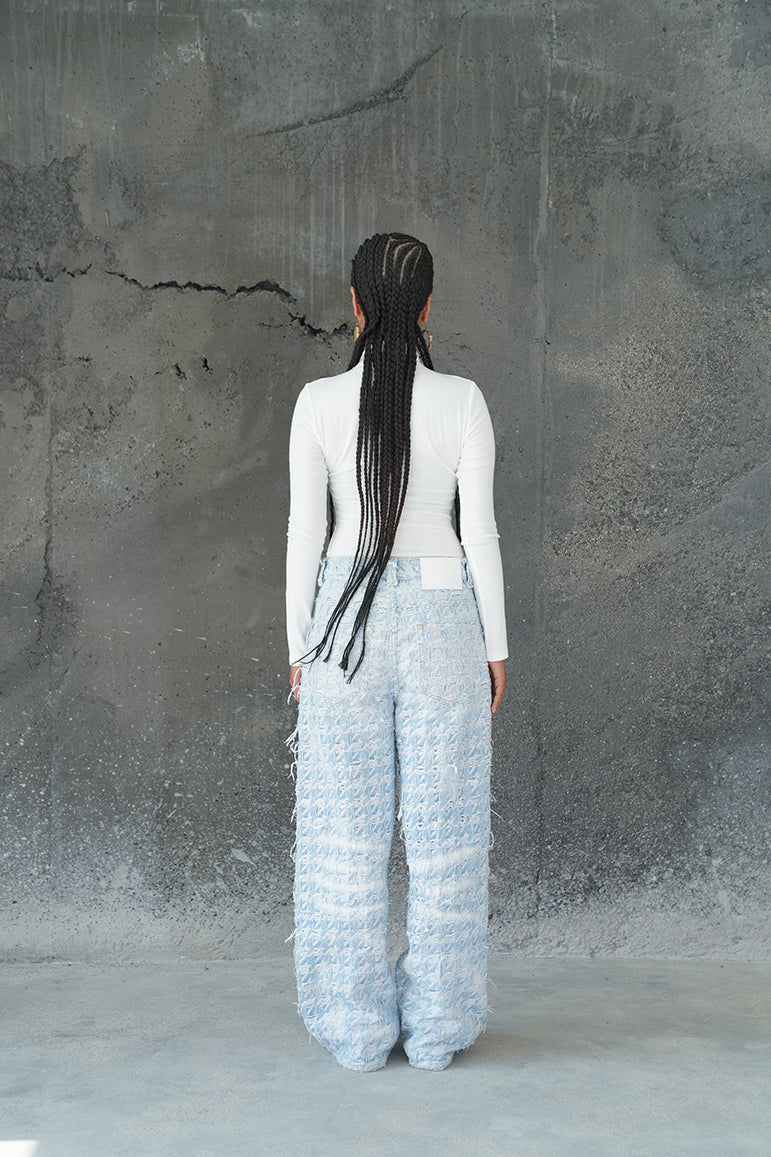 CHECKERED BLUE GRADIENT DISTRESSED FABRIC VALKYRE PANTS