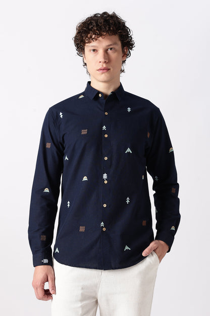 Forest Peaks Motif Cotton Regular Fit Navy Embroidered Shirt | Hamptons at Broadway