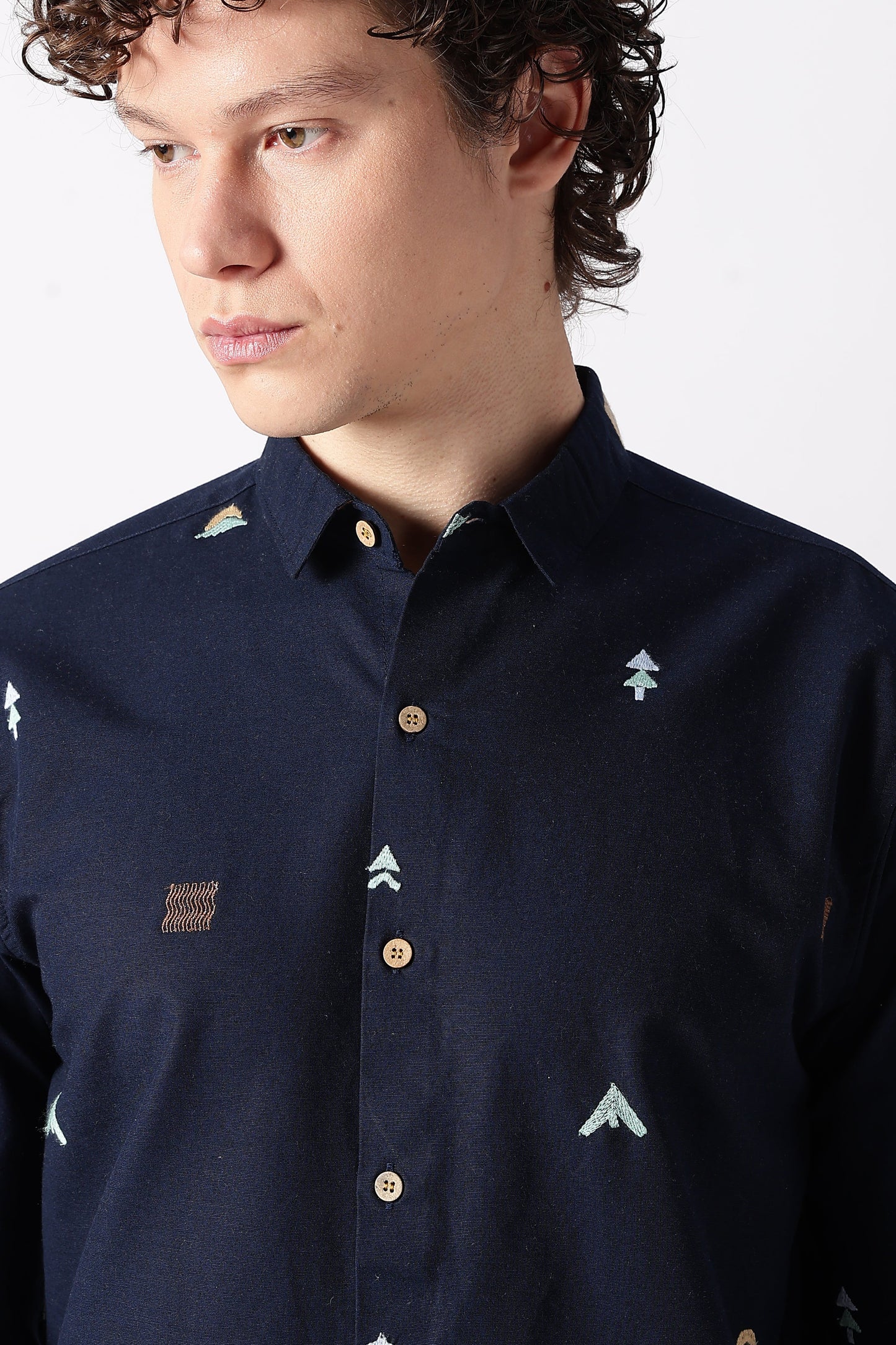 Forest Peaks Motif Cotton Regular Fit Navy Embroidered Shirt | Hamptons at Broadway