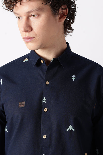 Forest Peaks Motif Cotton Regular Fit Navy Embroidered Shirt | Hamptons at Broadway