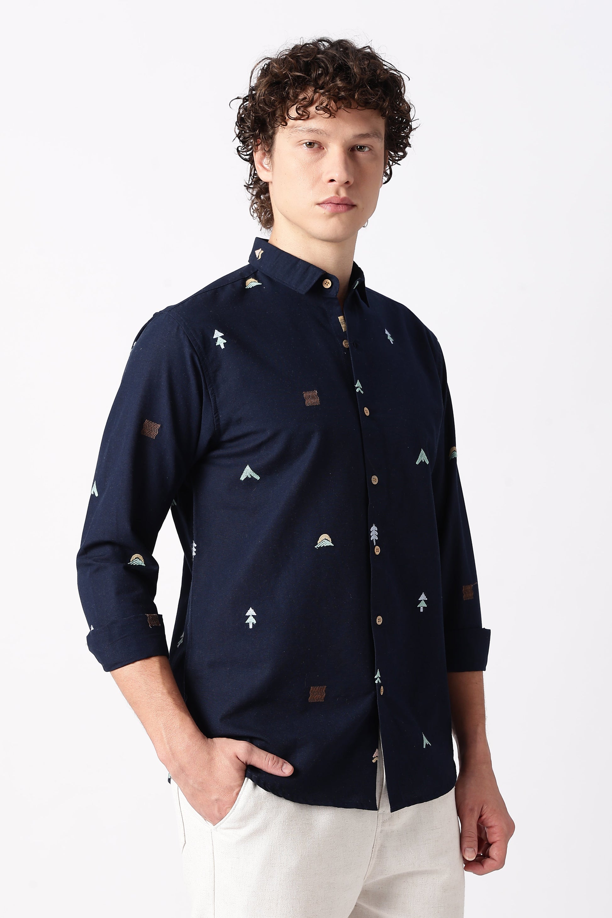 Forest Peaks Motif Cotton Regular Fit Navy Embroidered Shirt | Hamptons at Broadway
