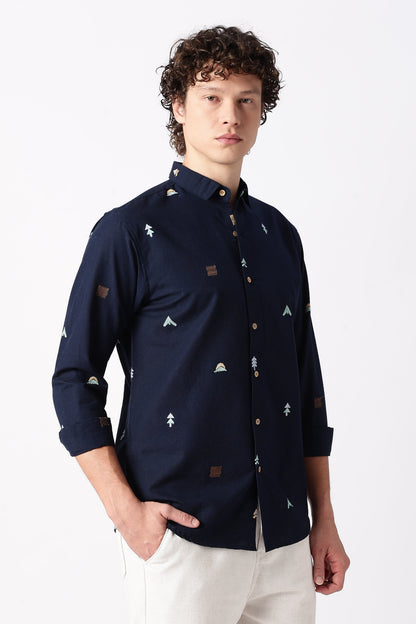 Forest Peaks Motif Cotton Regular Fit Navy Embroidered Shirt | Hamptons at Broadway