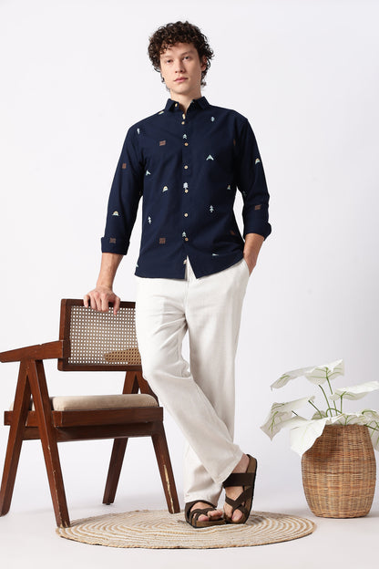 Forest Peaks Motif Cotton Regular Fit Navy Embroidered Shirt | Hamptons at Broadway