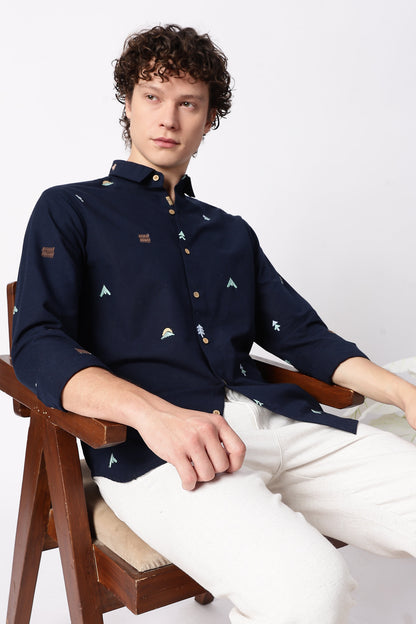 Forest Peaks Motif Cotton Regular Fit Navy Embroidered Shirt | Hamptons at Broadway