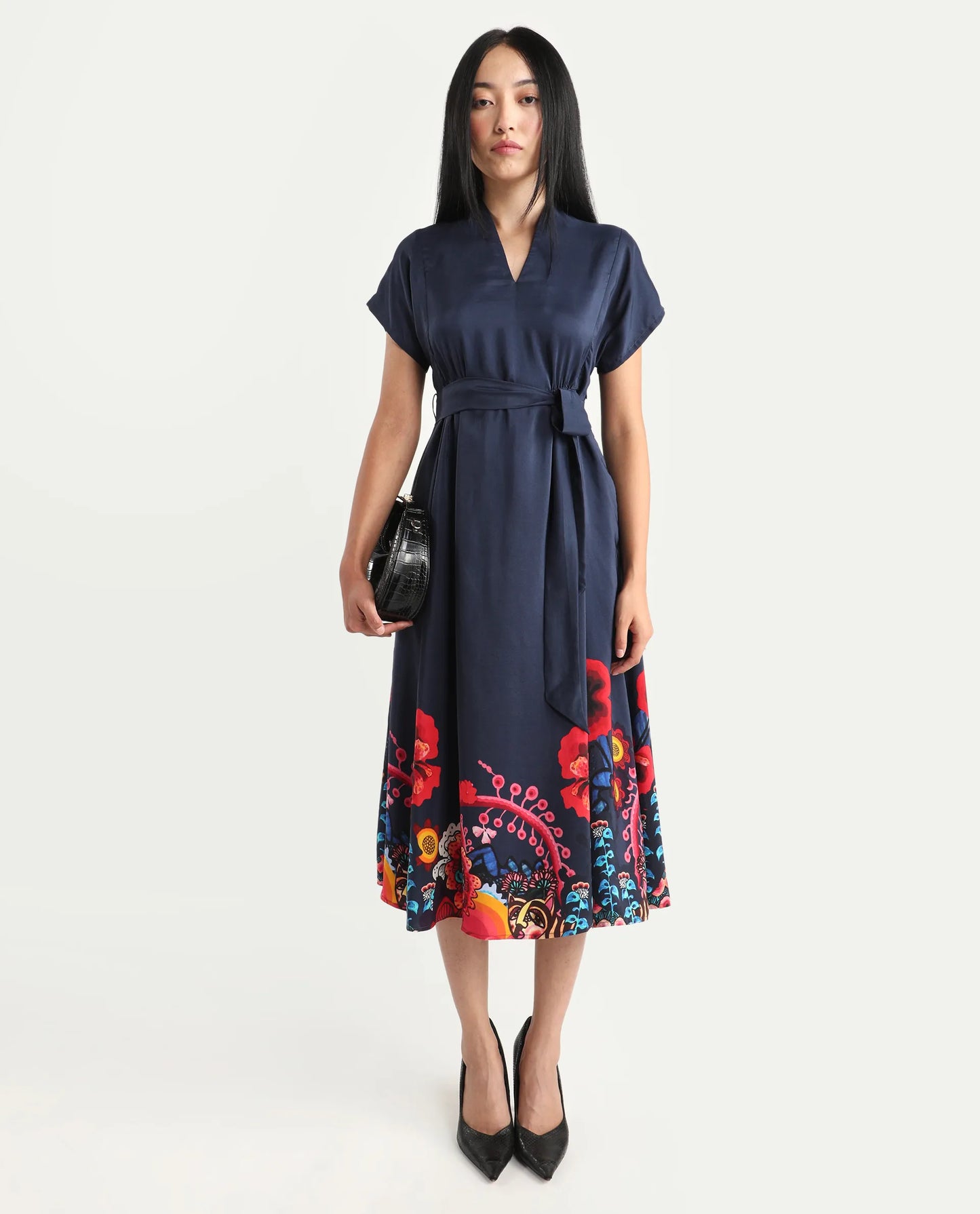 Rareism Women's Beziha Navy Silk Half Sleeve Flared Abstract Print Dress | RAREISM at Broadway