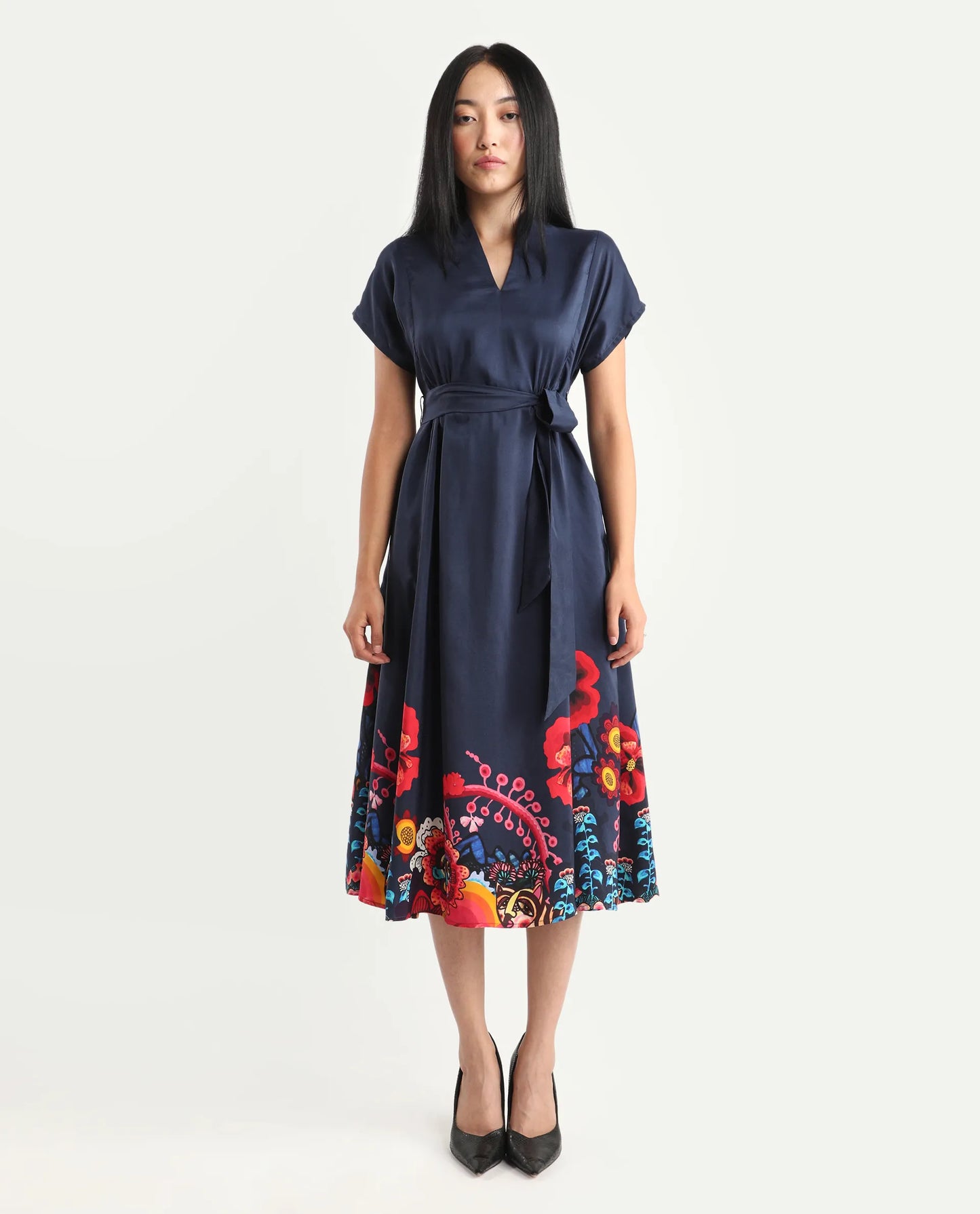 Rareism Women's Beziha Navy Silk Half Sleeve Flared Abstract Print Dress | RAREISM at Broadway