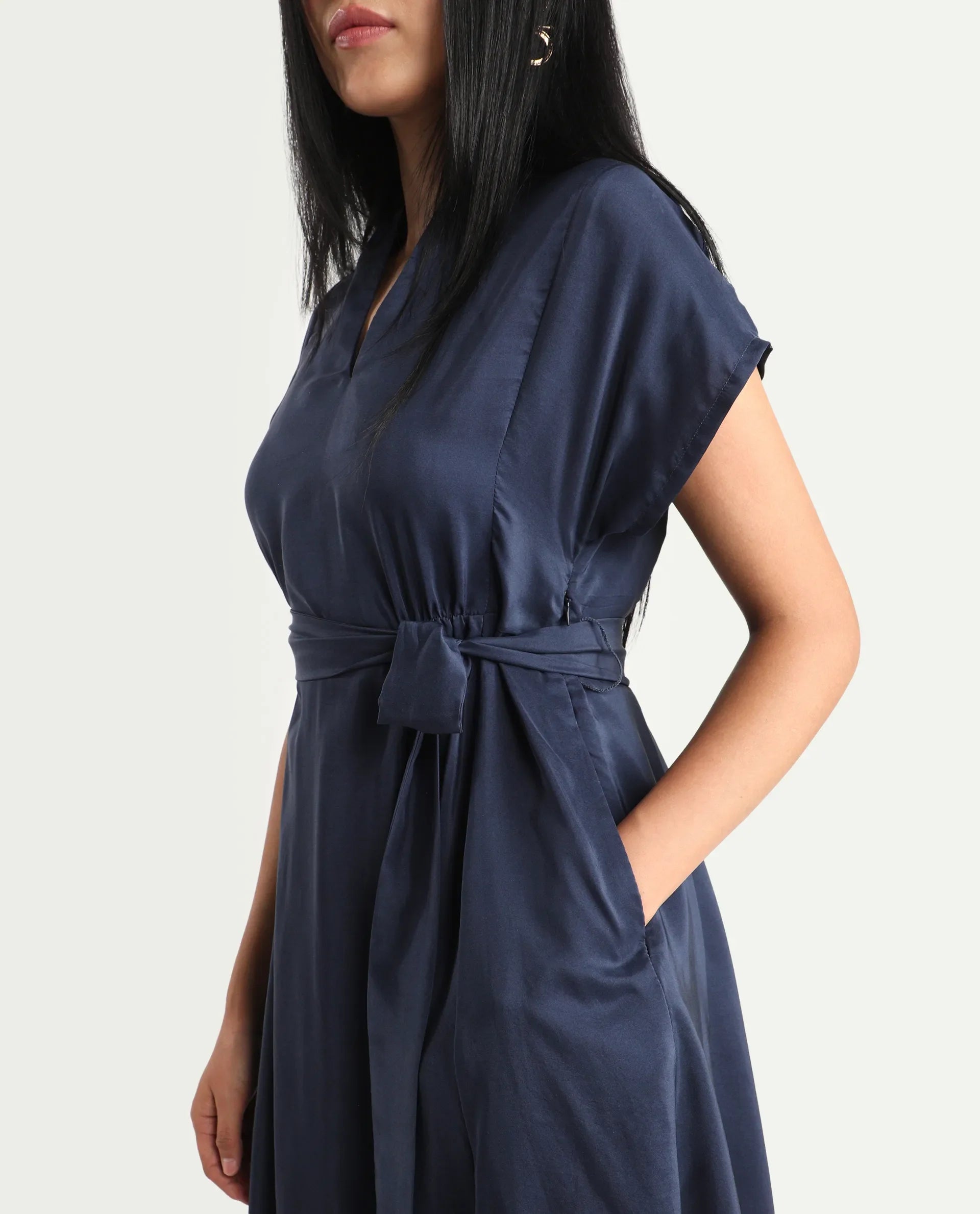 Rareism Women's Beziha Navy Silk Half Sleeve Flared Abstract Print Dress | RAREISM at Broadway