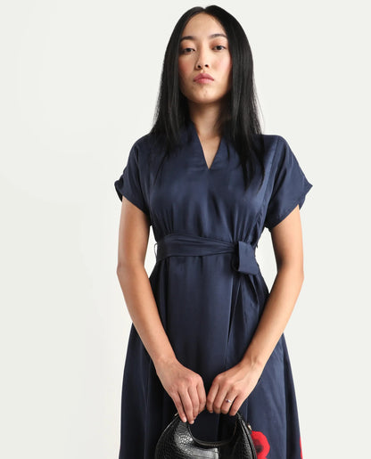 Rareism Women's Beziha Navy Silk Half Sleeve Flared Abstract Print Dress | RAREISM at Broadway