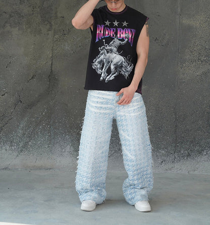 CHECKERED BLUE GRADIENT DISTRESSED FABRIC VALKYRE PANTS