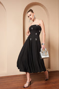 BLACK CRYSTAL EMBROIDERED FLARE MIDI DRESS | De Novoo at Broadway