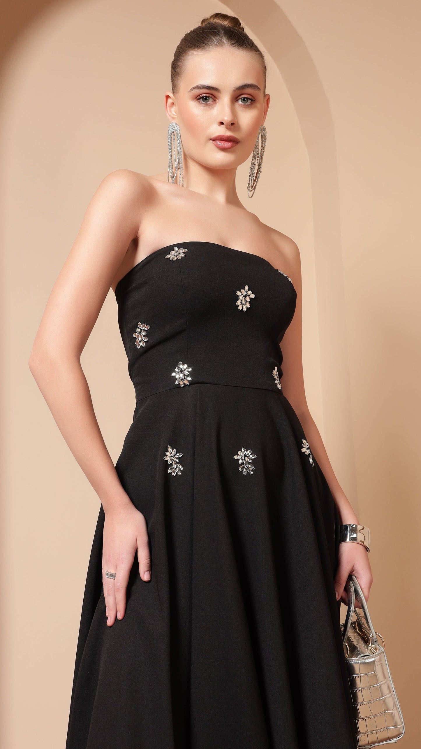 BLACK CRYSTAL EMBROIDERED FLARE MIDI DRESS | De Novoo at Broadway
