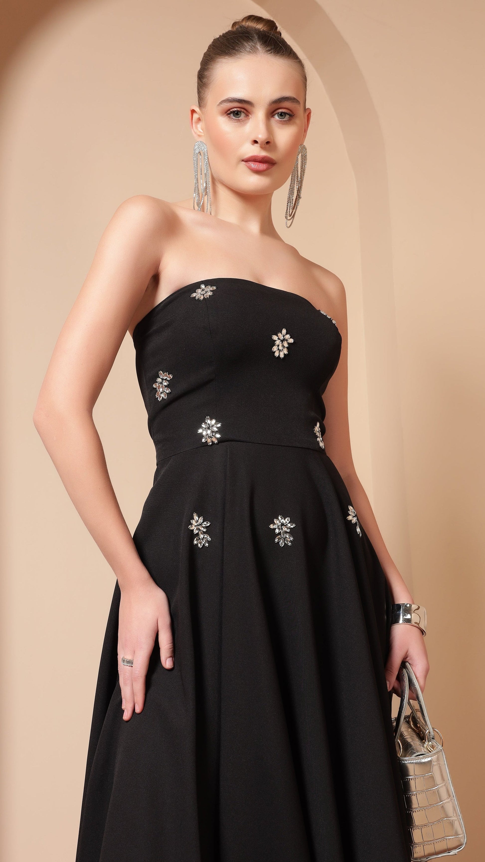 BLACK CRYSTAL EMBROIDERED FLARE MIDI DRESS | De Novoo at Broadway