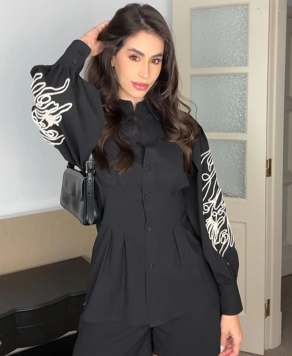 BLACK EMBROIDERED SLEEVE COTTON SHIRT | De Novoo at Broadway