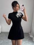 BLACK TWEED FLOWER WORK DRESS | De Novoo at Broadway
