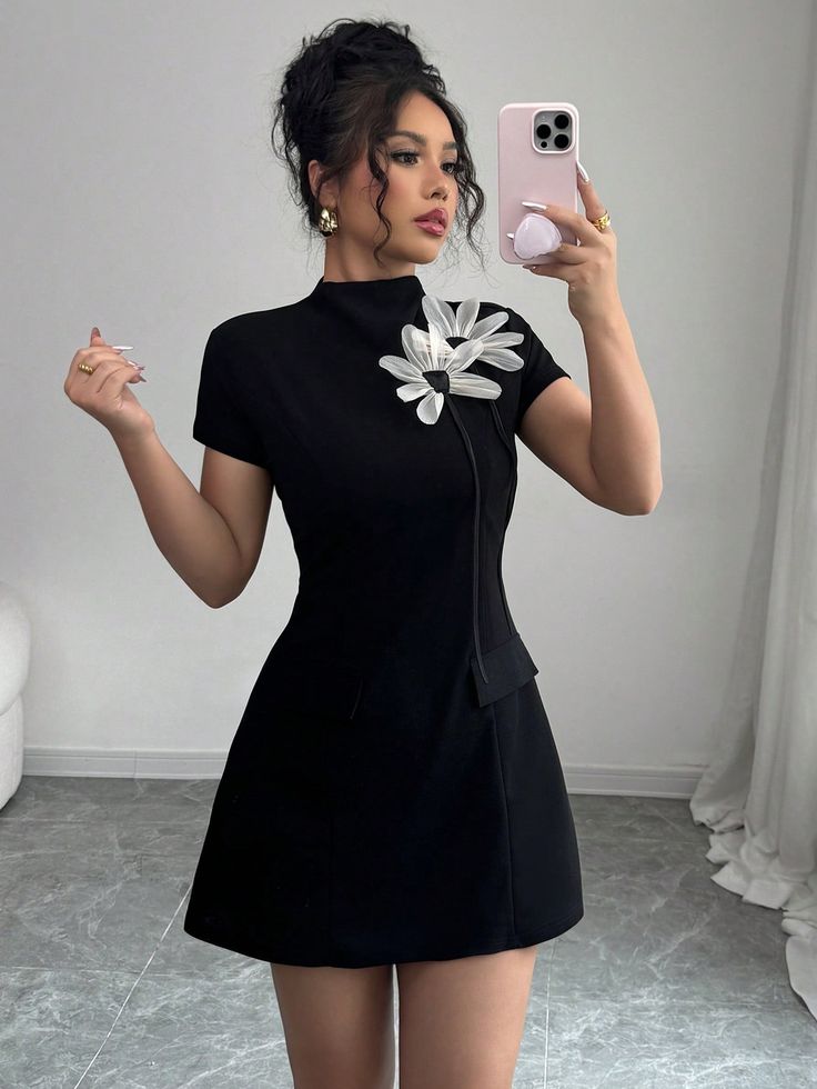BLACK TWEED FLOWER WORK DRESS | De Novoo at Broadway
