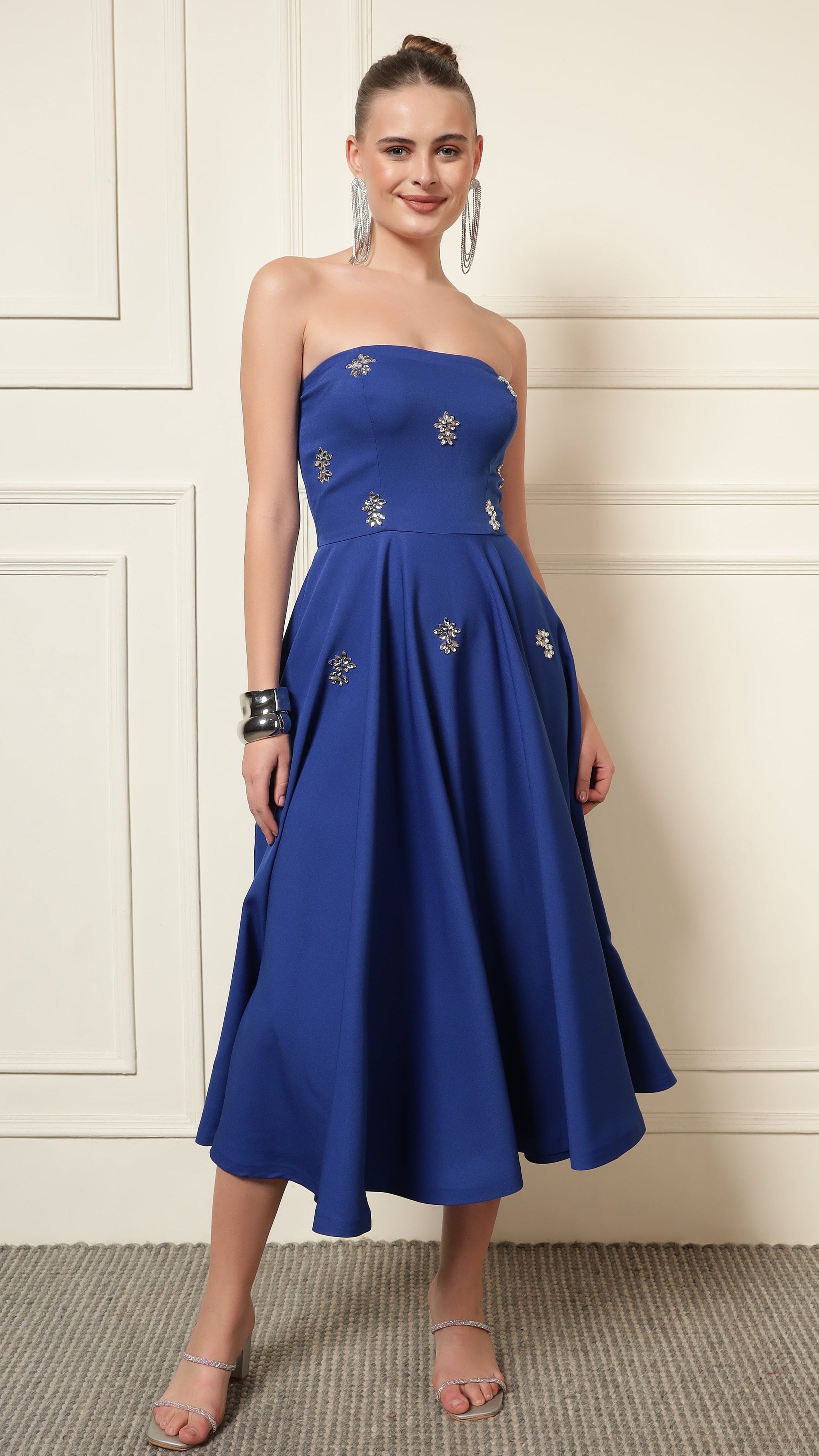 BLUE CRYSTAL EMBROIDERED FLARE MIDI DRESS | De Novoo at Broadway