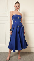 BLUE CRYSTAL EMBROIDERED FLARE MIDI DRESS | De Novoo at Broadway