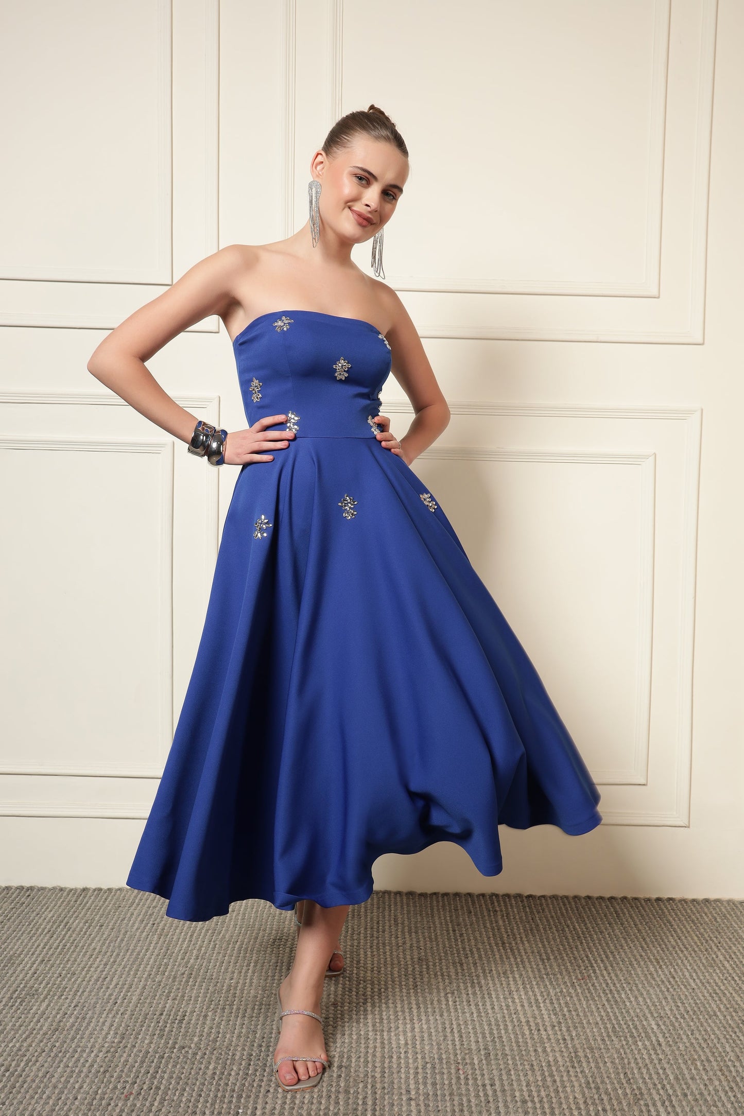 BLUE CRYSTAL EMBROIDERED FLARE MIDI DRESS | De Novoo at Broadway